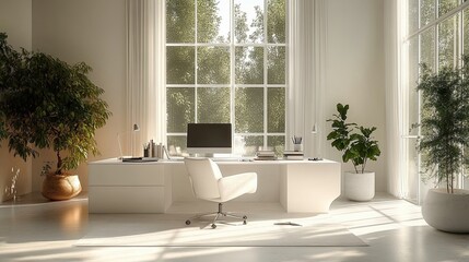 Modern minimalist home office with white desk, chair, and plants, large window with sunlight streaming in.