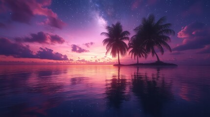 Tranquil Sunset Paradise: Palm Trees on a Secluded Island