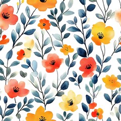 Fototapeta premium Watercolor Floral Seamless Pattern Orange Yellow Blue Flowers Leaves