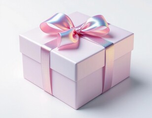 Fototapeta premium Elegant pale pink gift box with a lustrous iridescent ribbon on a white backdrop