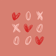XO cross zero vector elements. tic tac toe arrangement. Hand drawn doodle sketch. Minimalistic hearts xo signs peachy red vector illustration