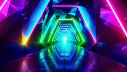 Fototapeta premium Iridescent Geometric Tunnel Leading to a Luminous Void, Futuristic Design, 3D Render