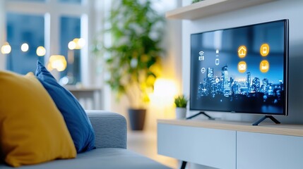 A cozy living room with a modern TV displaying a city skyline at night.