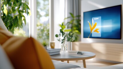 A cozy living room with modern decor, plants, and a sleek TV displaying vibrant art.