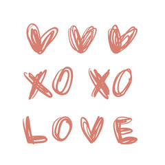 XO hand drawn peachy phrase with hearts. Set of kisses sign, love letters. Brush stroke lettering XO kiss symbol. Valentine day greeting poster, card, web, banner. Sketch vector.