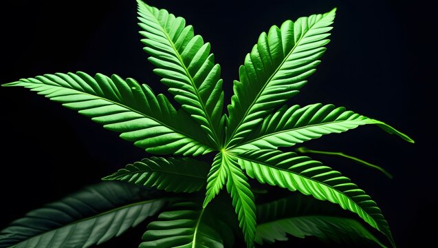 A single cannabis leaf with detailed texture and serrated edges, centrally positioned against a dark background, highlighting its vibrant green color and distinctive shape.