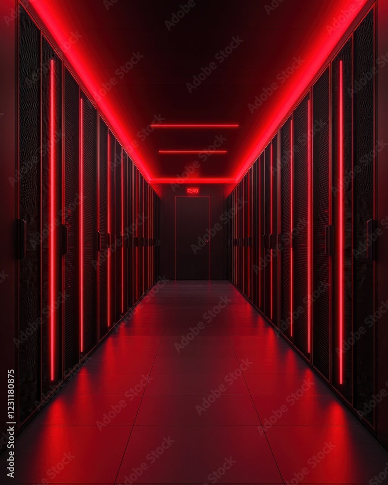 Poster a dimly lit corridor lined with server racks, illuminated by striking red lighting, creating a high-
