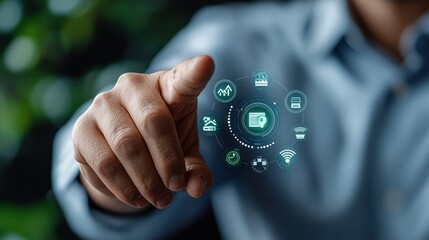 A finger pointed at digital icons representing advanced technology applications.