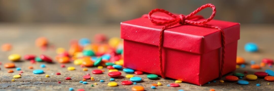 Red rectangular container with tied red string on top of multicolored pile, red box, packaging material, decorative prop
