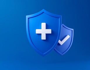 Obraz premium Medical care assurance depiction with protective shield and verification marker against blue background
