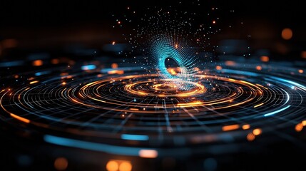 A futuristic visualization of a swirling vortex with glowing particles and waves.