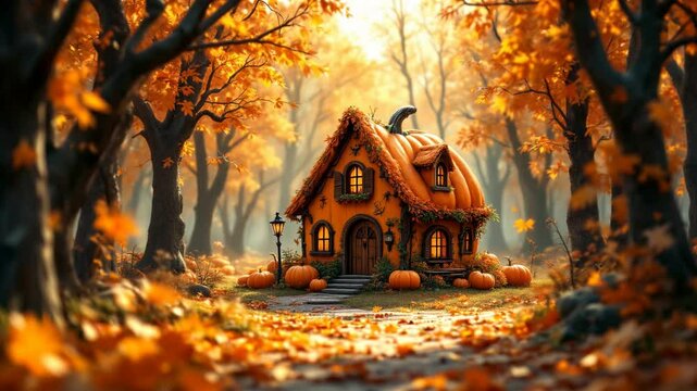 Charming Pumpkin House Surrounded by Vibrant Autumn Foliage and Golden Leaves in a Mystical Forest