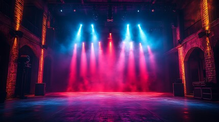 a vibrant and dynamic stage lighting setup, likely in preparation for a performance or event