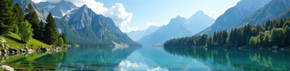 Serene alpine lake with surrounding mountains, mountain, trees, lake