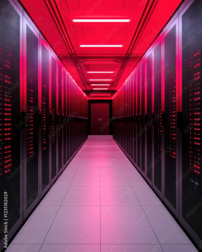 Poster a dimly lit hallway featuring rows of server racks illuminated by striking red lights, creating a hi