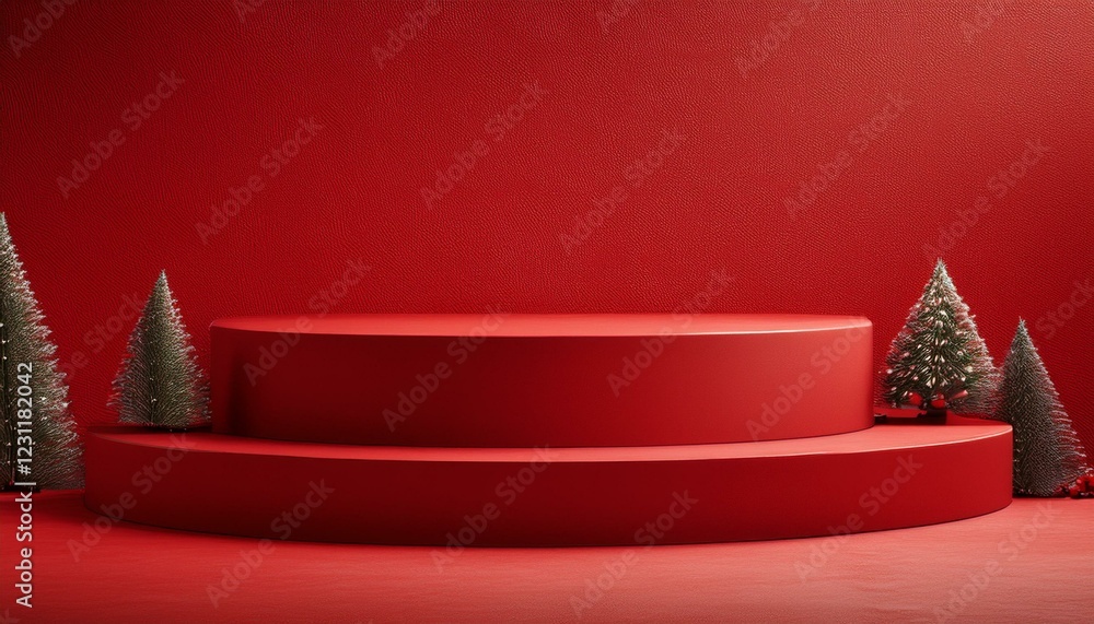 Poster red carpet with christmas tree. empty red background and stand display or shelf with studio for show