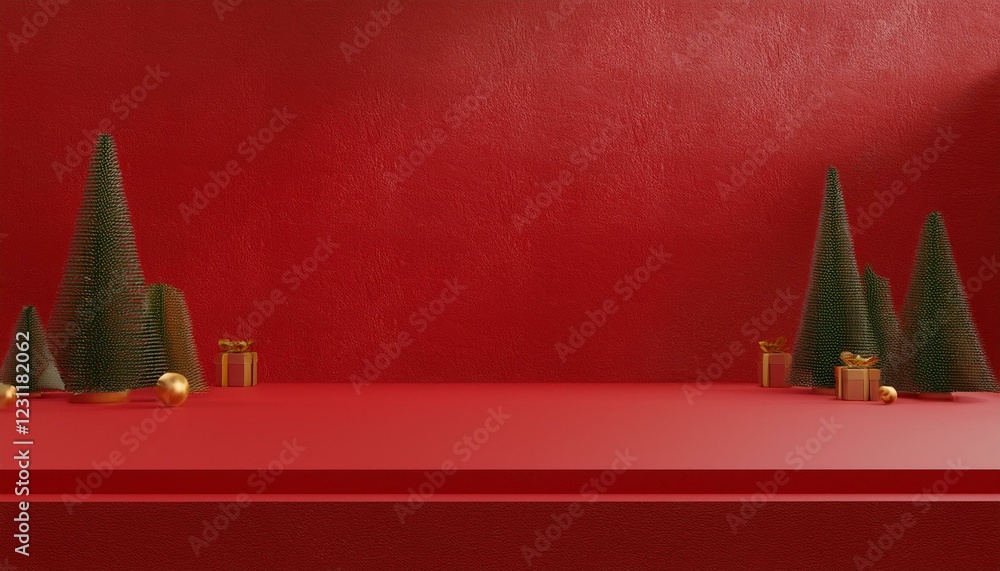 Poster red carpet with christmas tree. empty red background and stand display or shelf with studio for show
