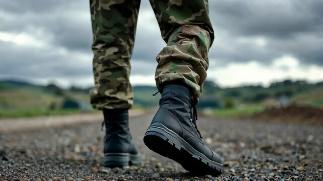 Soldier's Journey: Close-up view of a soldier's boots walking on a gravel road, against a backdrop of a stormy sky and rolling hills.  The image evokes a sense of duty, resilience.