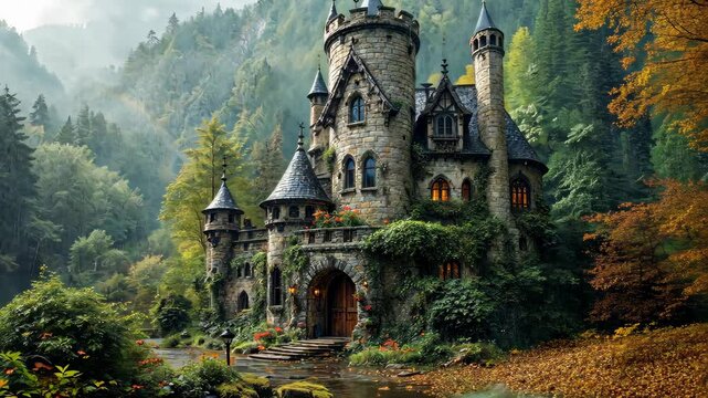 Enchanted Stone Castle: A majestic stone castle nestled amongst lush foliage and vibrant autumn colors, its towering turrets reaching for the misty sky.
