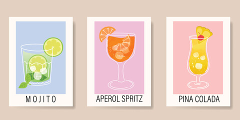 Summer cocktail poster background vector. Mojito, Aperol Spritz, Pina Colada with watercolor texture. Design for promotion, cocktail drink advertising, packaging, interior.