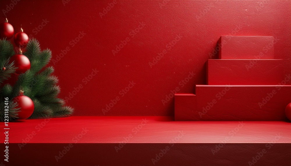 Poster red carpet with christmas tree. empty red background and stand display or shelf with studio for show