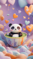 Fototapeta premium Whimsical panda floating matcha latte dreamy pastel teacup scene bear surreal fantasy cozy large ceramic mug heart soft cute tea, fizzy kid book soft cozy warm fun star neon happy joy baby shower