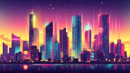 Naklejka premium Neon Cityscape Skyline At Sunset Vibrant Towers