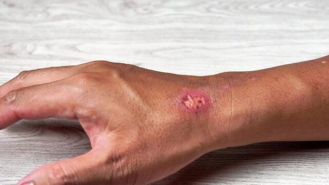 There is a scar on his hands. Hand with tanned color