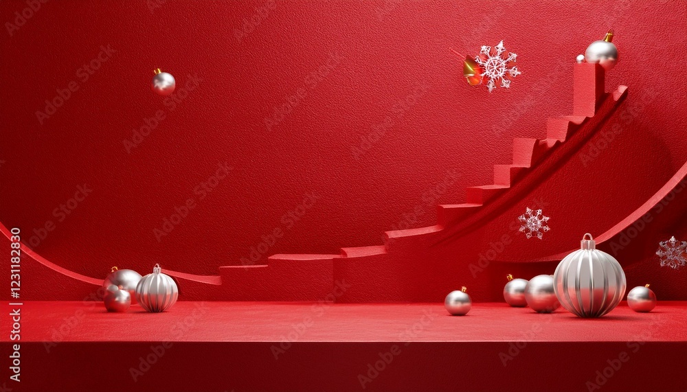 Poster red carpet with christmas tree. empty red background and stand display or shelf with studio for show