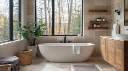Fototapeta premium Modern Bathroom Interior Design with Freestanding Tub and Natural Light