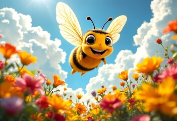 bee and flower cartoon character with big eyes and smile on his face 