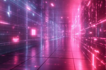 Futuristic digital grids and holographic effects, creating a high-tech, ethereal atmosphere with glowing, translucent elements
