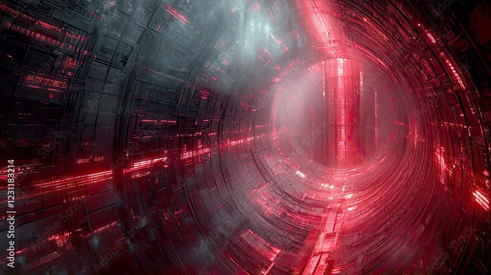 Poster cyberpunk digital tunnel: abstract sci-fi structure of red glowing lines and network system