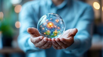A person holds a glowing glass sphere symbolizing innovation and connectivity.