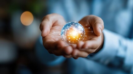 A person holds a glowing sphere representing innovation and future technologies.