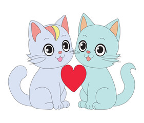 A charming cartoon illustration of a couple of adorable cats sharing a heart. cat with heart. Cartoon of Two Cats Sharing a Heart. 