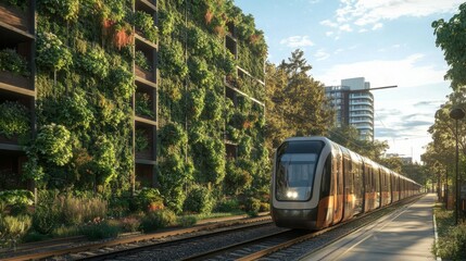Naklejka premium Modern Light Rail Train Passing Green Building in City