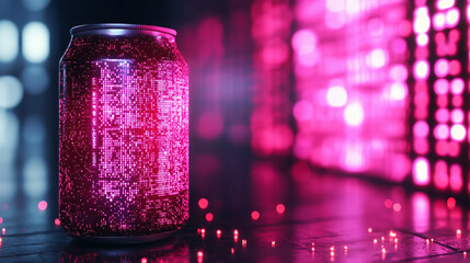 Closeup of a glowing energy drink can with dynamic light effects in vibrant magenta and cyan hues.