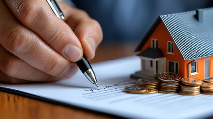 A person signing a contract with a model house and coins, symbolizing real estate investment.