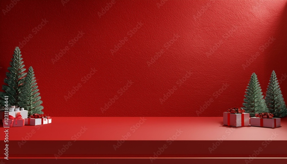 Poster red carpet with christmas tree. empty red background and stand display or shelf with studio for show