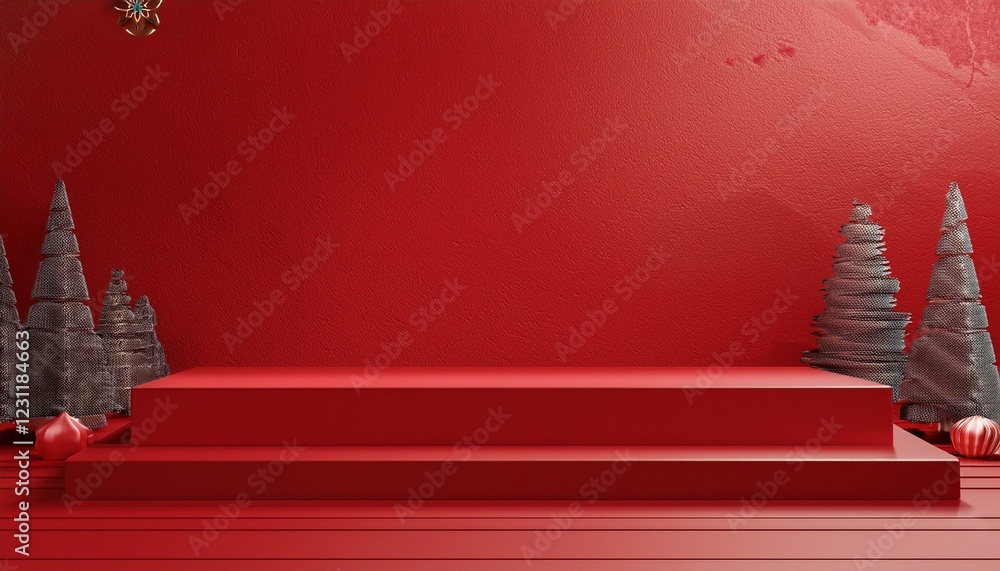 Poster red carpet with christmas tree. empty red background and stand display or shelf with studio for show