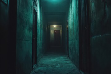 Dark, eerie hallway with doors, dimly lit. Ideal for horror, mystery, suspense, or thriller projects.