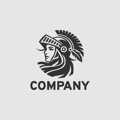 Female warrior or female knight logo design vector illustration in black and white style