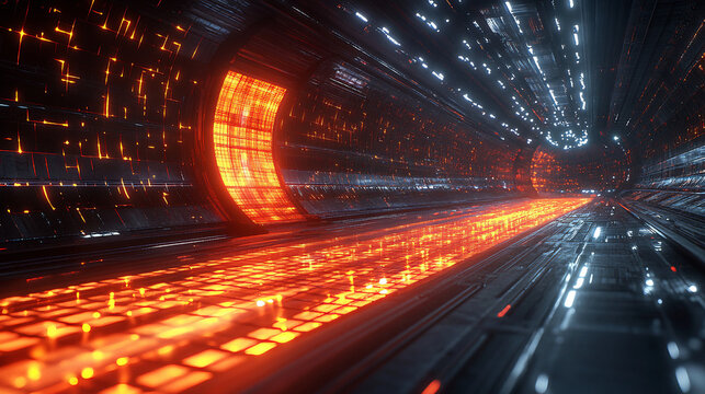 Futuristic transportation concept featuring a glowing red and blue hyperloop tunnel with dynamic motion effects.