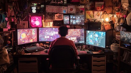 Obraz premium Man Playing Video Games on Multiple Monitors in a Colorful Room