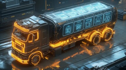 Futuristic Glowing Tanker Truck in City at Night