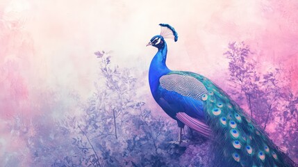 Fantasy Illustration of a wild Peafowl. Digital art style wallpaper background with peacock in pastel colors.