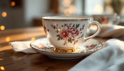 Elegant Floral Teacup Rests On Saucer Beside Napkin
