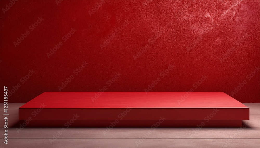Poster red carpet with christmas tree. empty red background and stand display or shelf with studio for show