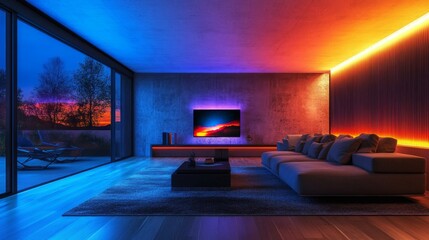 Modern Living Room with Colorful LED Lighting and Sunset View